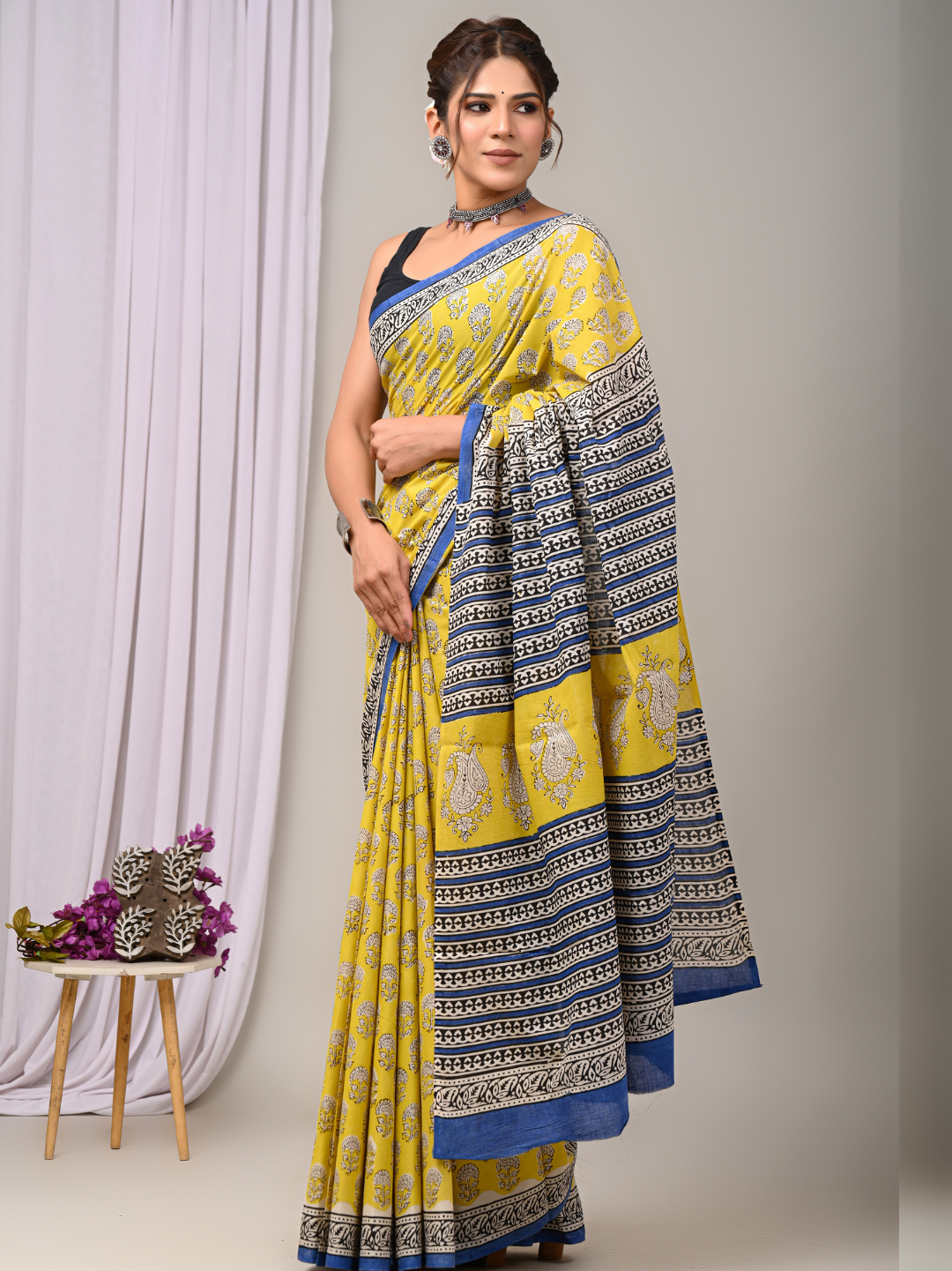 Yellow Bagru Handblock Printed Mulmul Cotton Saree