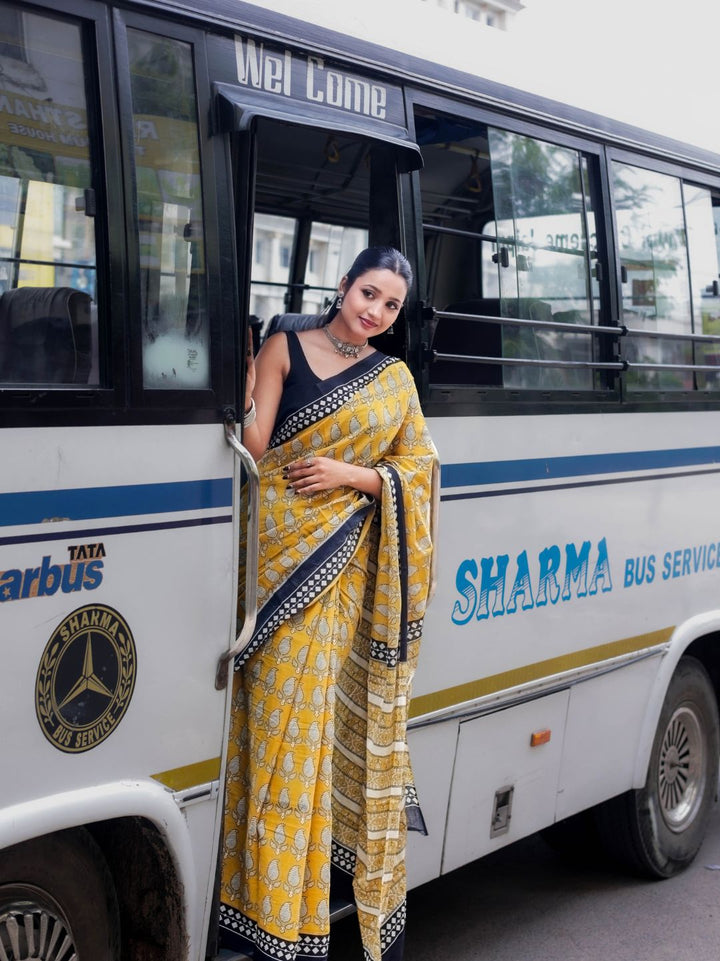 Exclusive Yellow Kerry Design Bagru HandBlock Pure Mul Cotton Saree