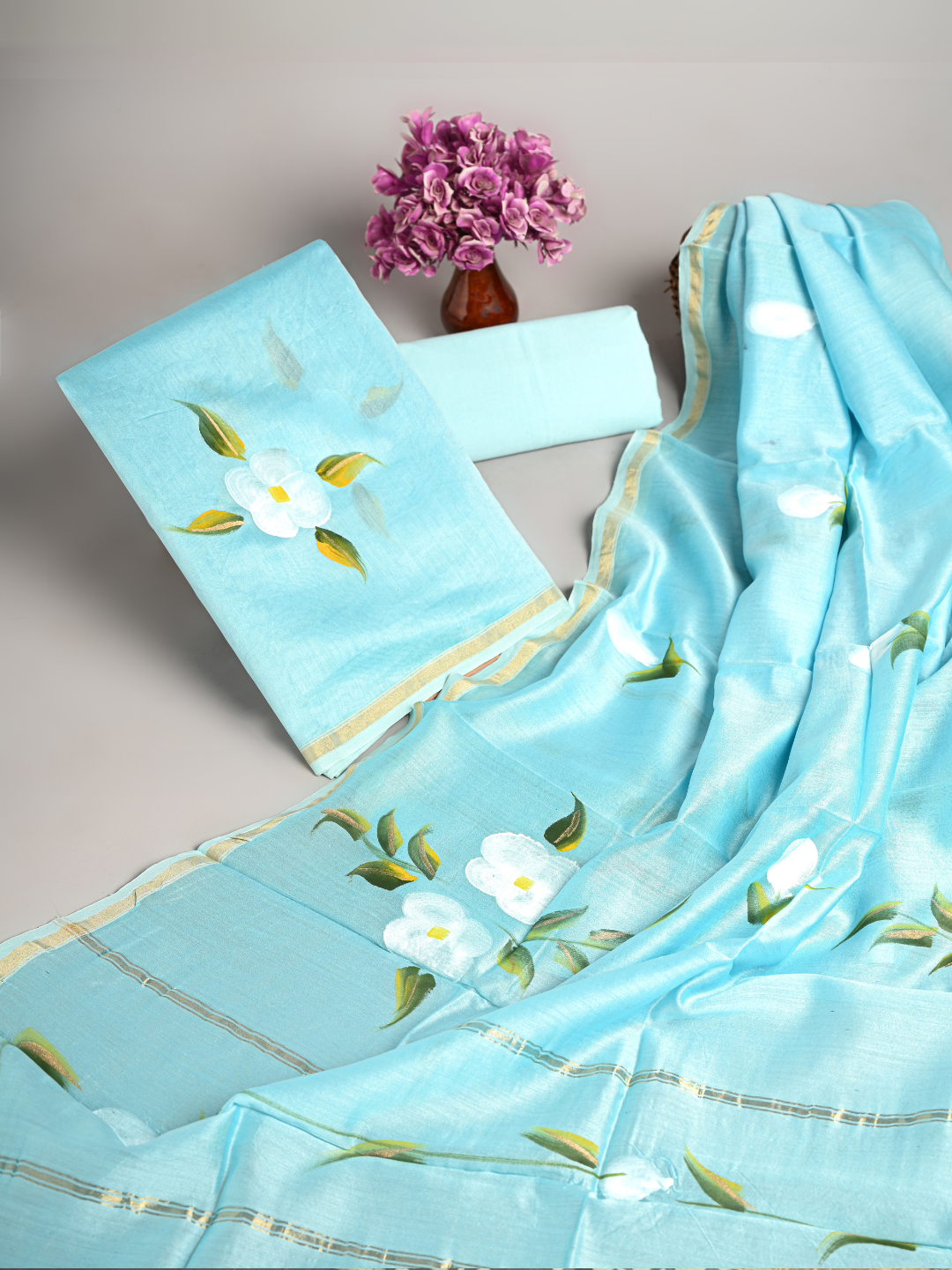 Light Sky Blue Brush Print Chanderi Silk Suits