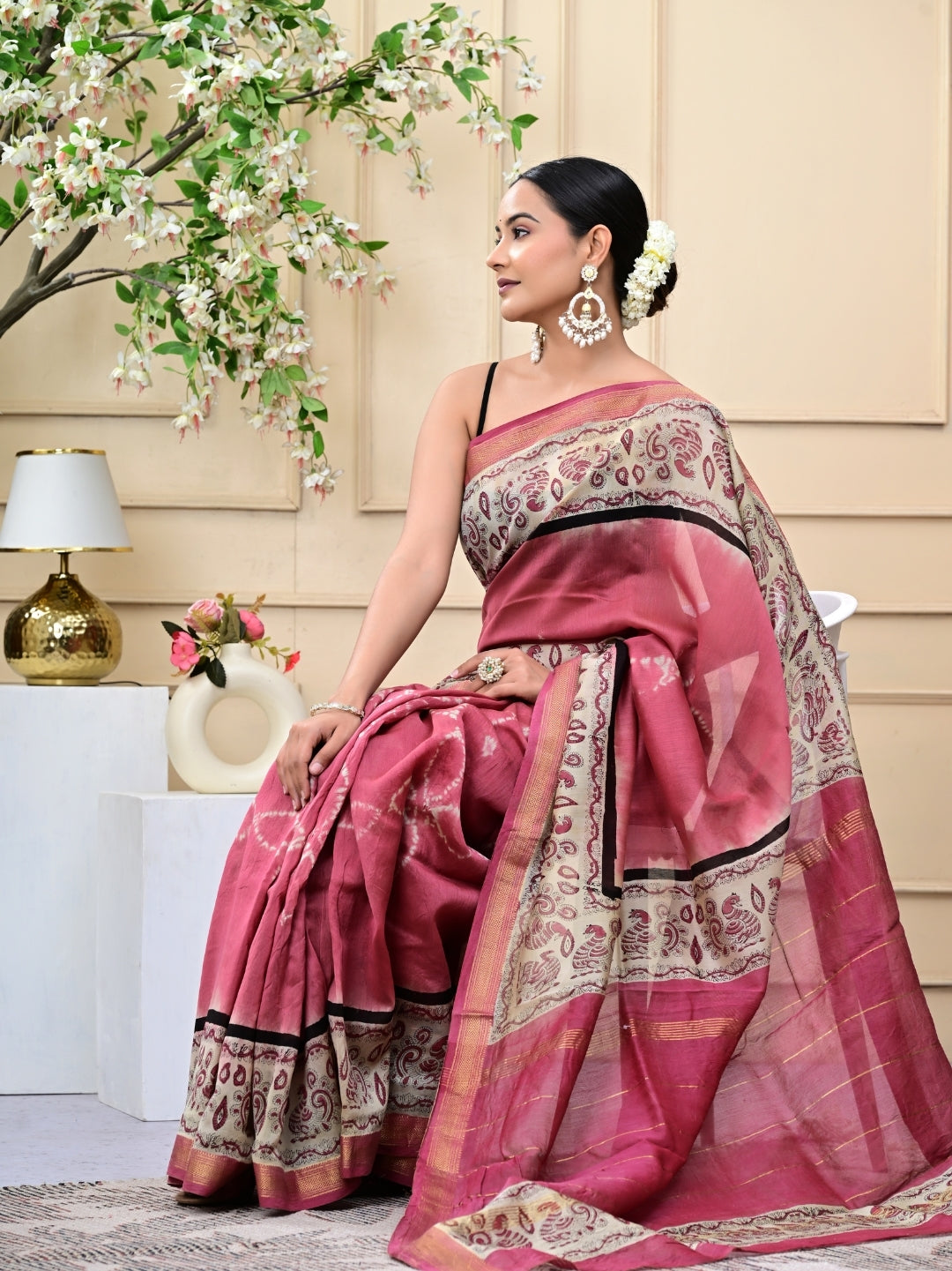 Bagru Print With Shibori Combination Maheshwari Silk Sarees