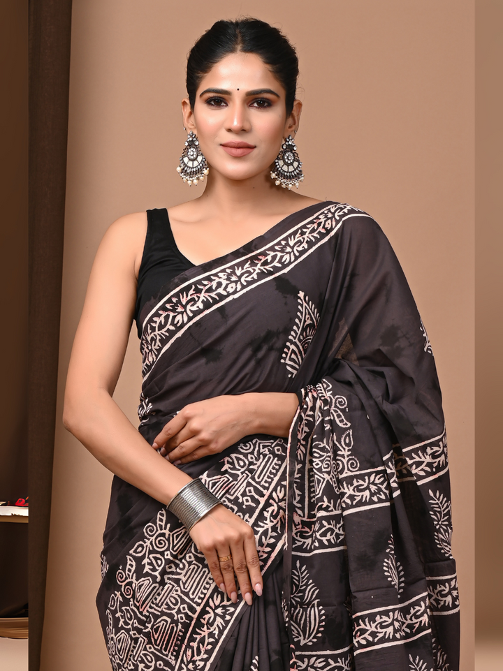 Chocolate Brown Handblock Printed Mulmul Cotton Saree