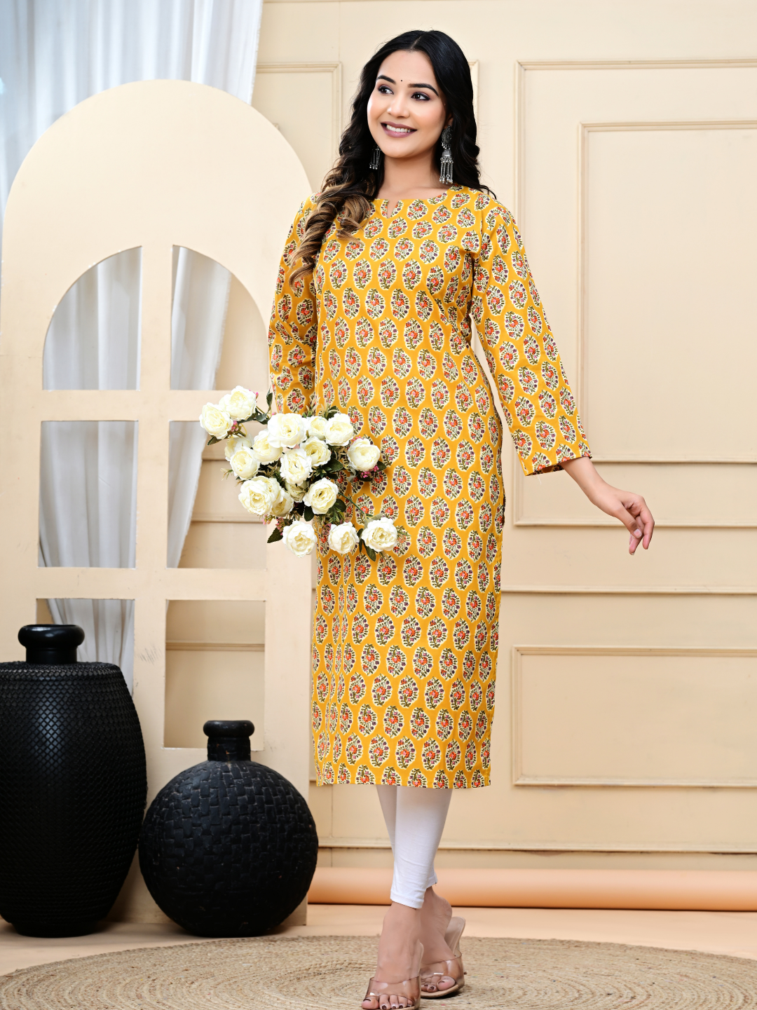 Mustard Yellow Bagru Hand-Block Print Long Kurti