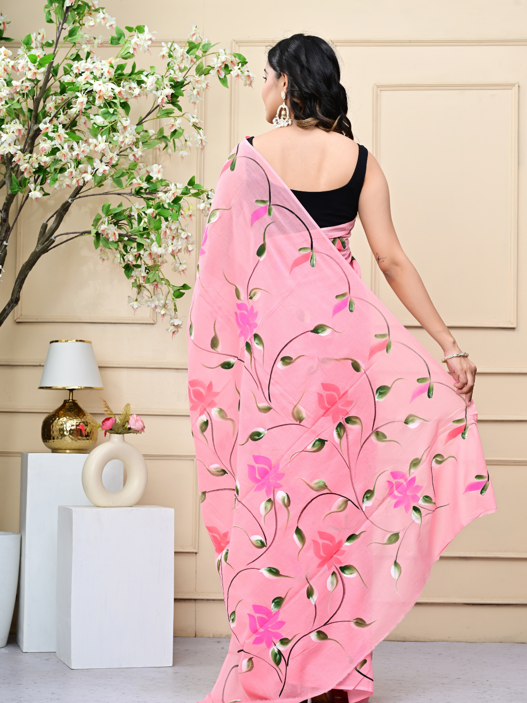 Pink Mulmul Cotton Saree