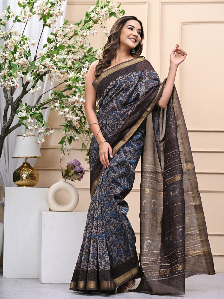 Elegant Vanaspati Ajrakh Maheshwari Silk Saree with Blouse