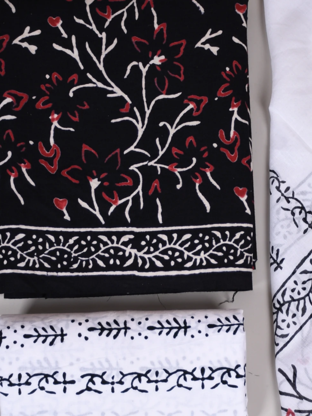 Black-on-White Block Printed Cotton Suit with Mulmul Dupatta