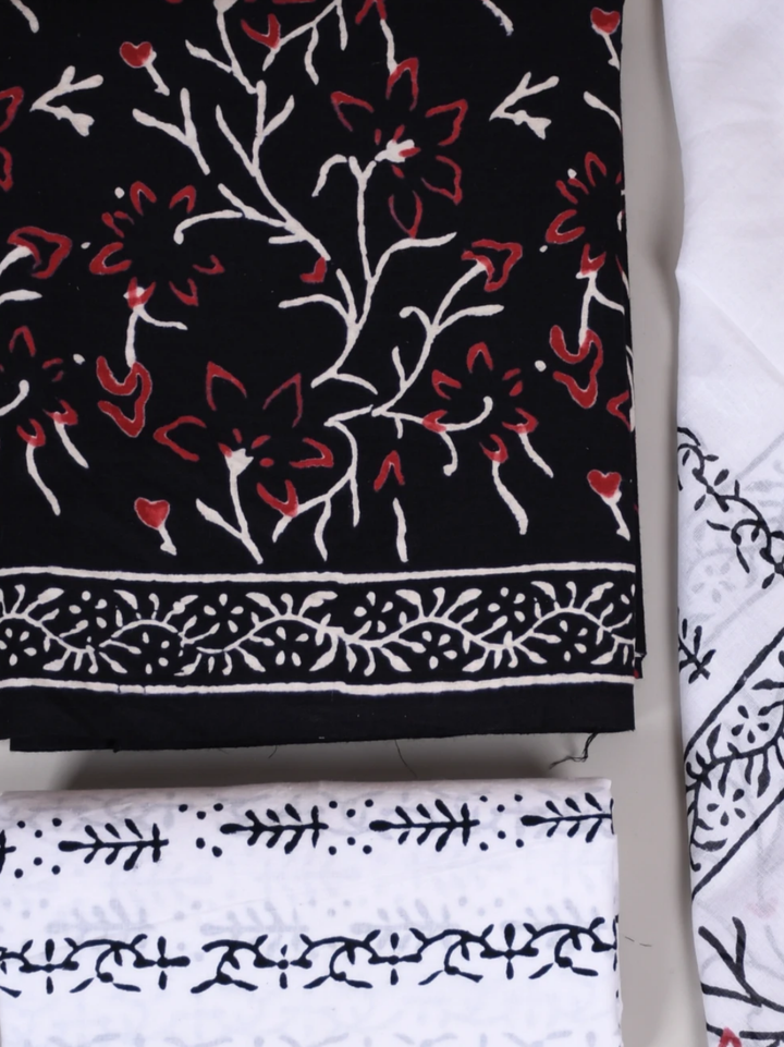 Black-on-White Block Printed Cotton Suit with Mulmul Dupatta