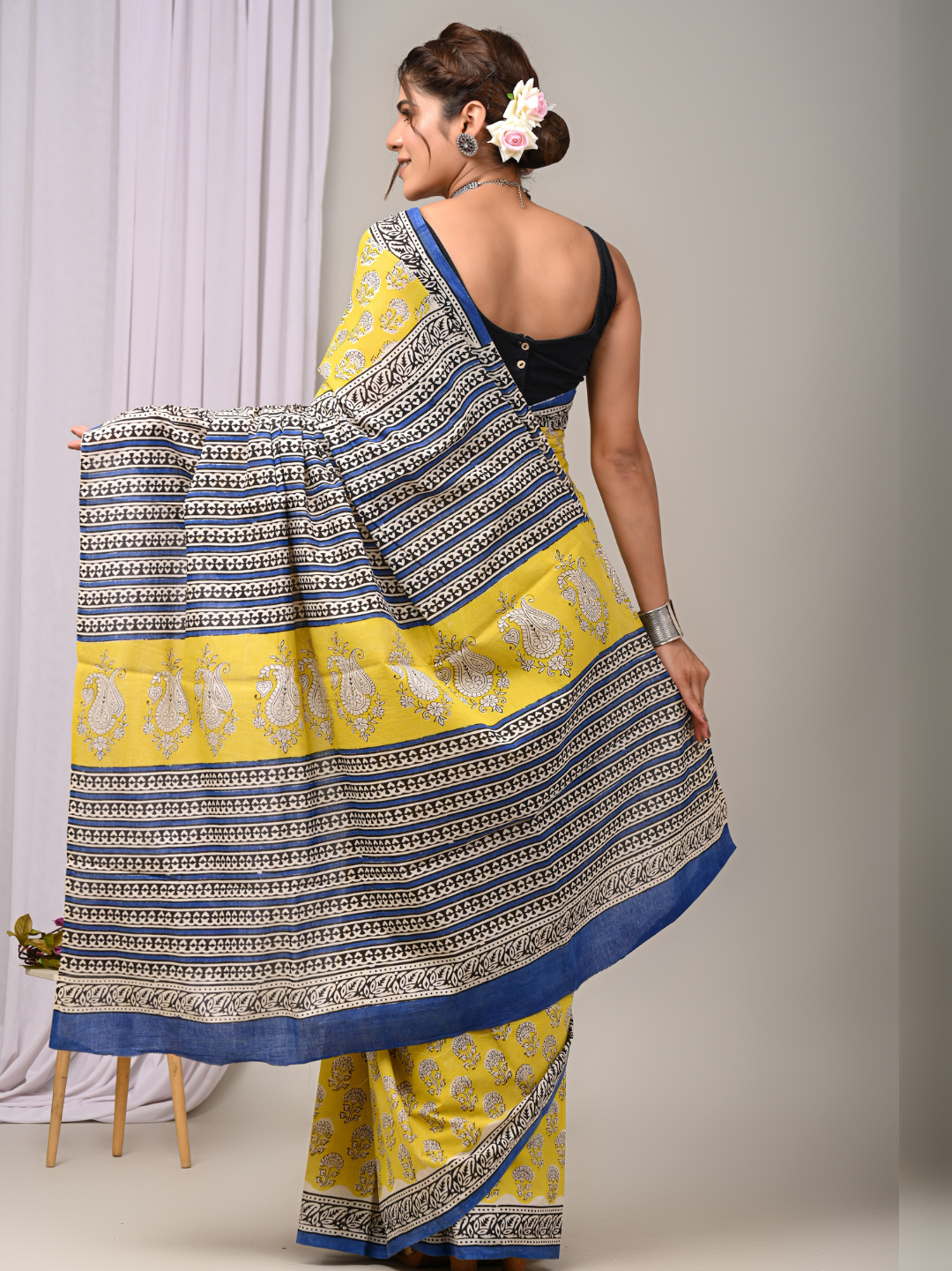 Yellow Bagru Handblock Printed Mulmul Cotton Saree