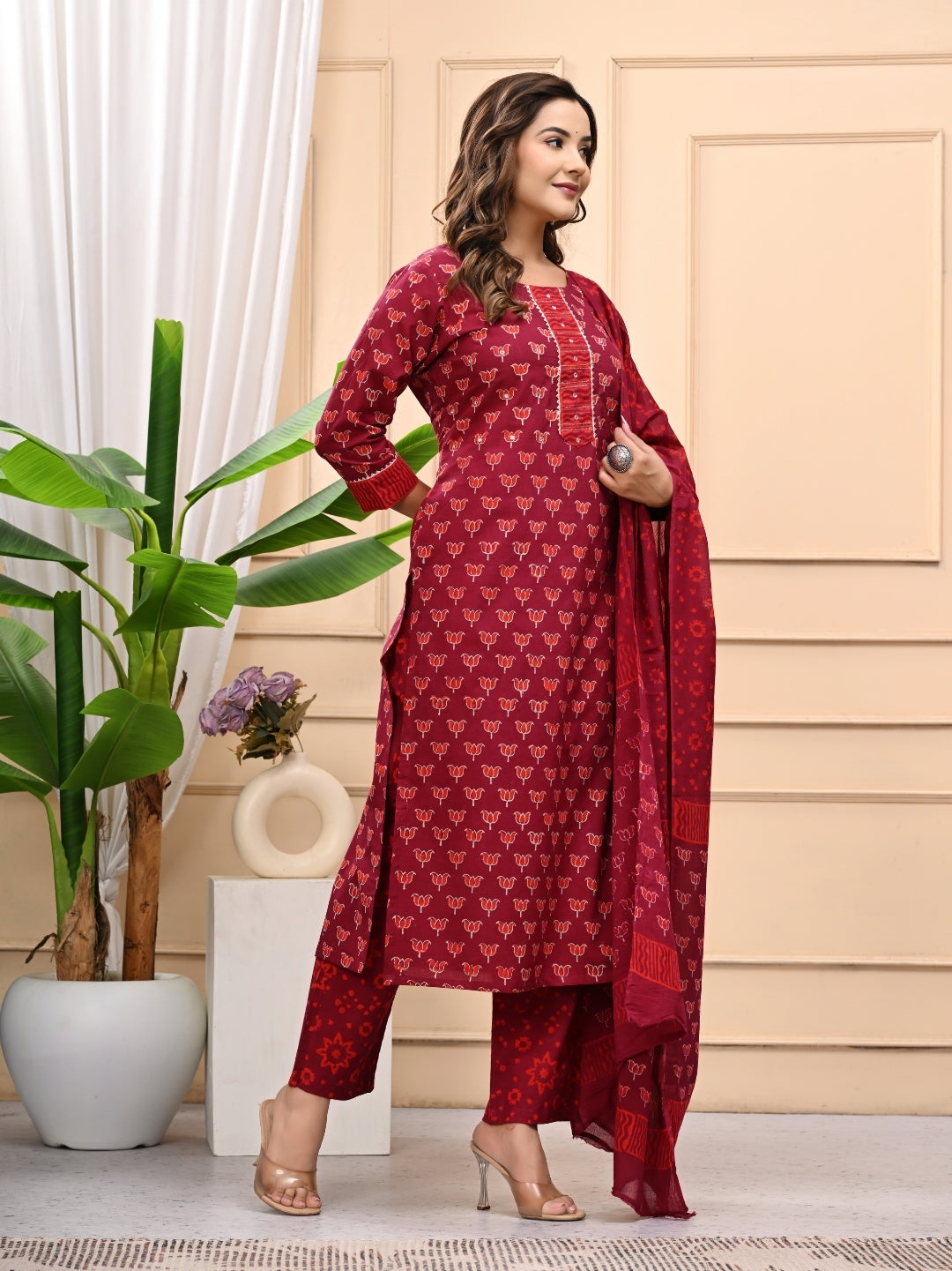 Maroon Bagru Handblock Printed Cotton Stitched Suit