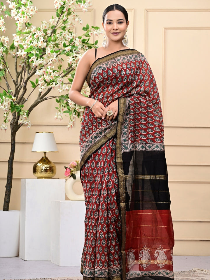 Bagru Handblock Printed Maheshwari Silk Sarees