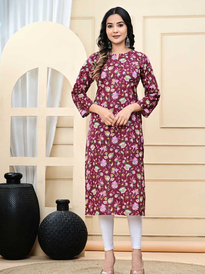 Maroon Hand-Block Print Long Cotton Kurti