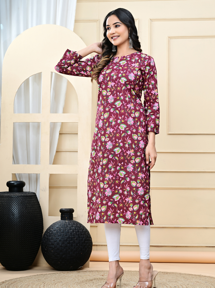 Maroon Hand-Block Print Long Cotton Kurti