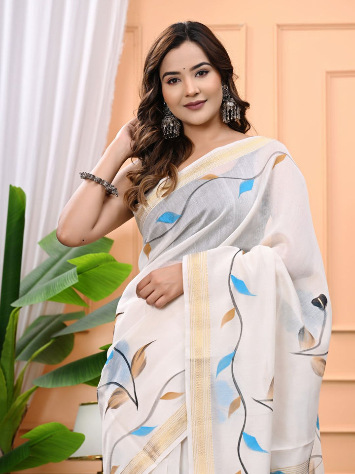 White Hand Brush Painted Maheshwari Silk Saree