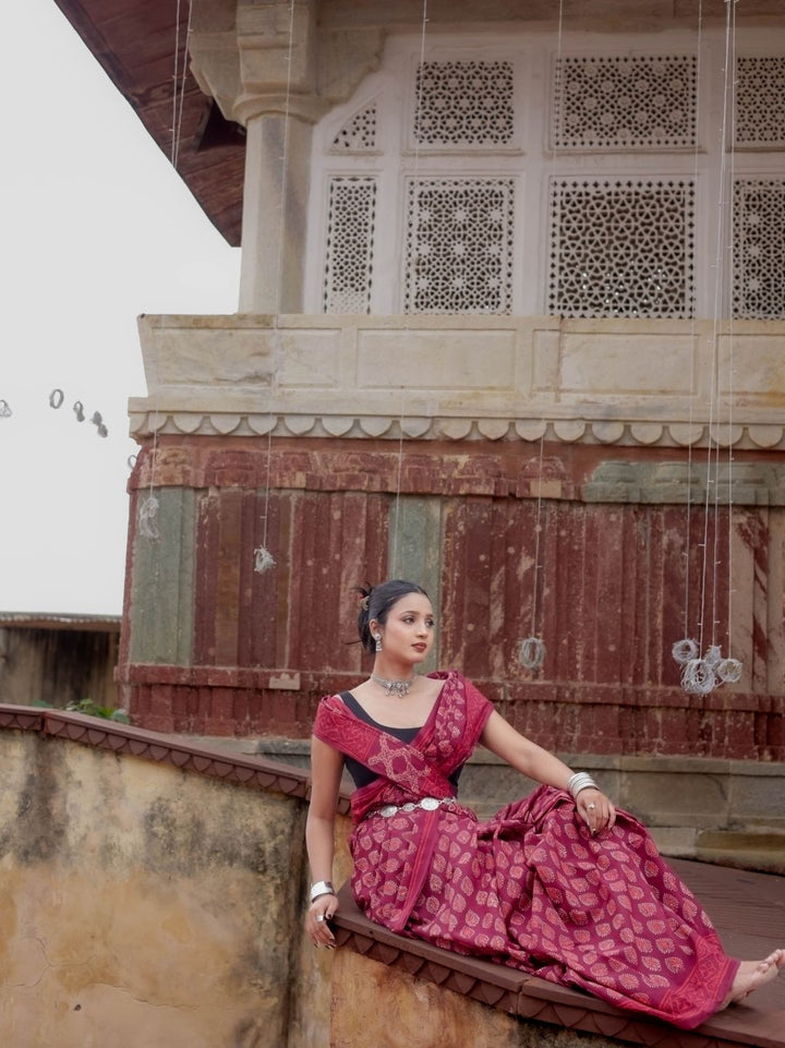 Artisanal Saree Neptol Ajrakh HandBlock Printed Pure Mul Cotton Saree