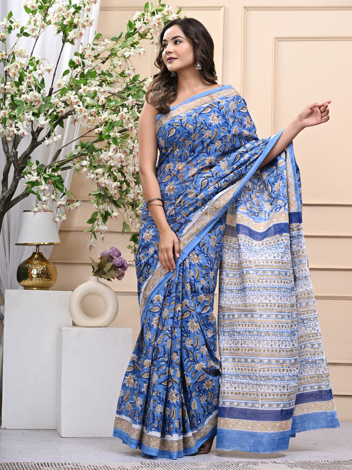 Blue Traditional Jaal Handblock Printed Mulmul Cotton Saree