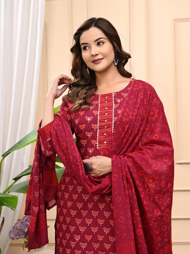 Maroon Bagru Handblock Printed Cotton Stitched Suit