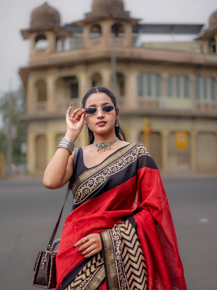 Authentic Bagru HandBlock Red Putai Pure Maheshwari Silk Saree