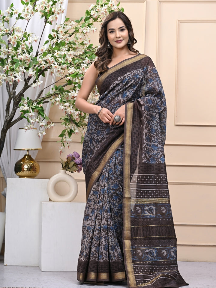 Elegant Vanaspati Ajrakh Maheshwari Silk Saree with Blouse
