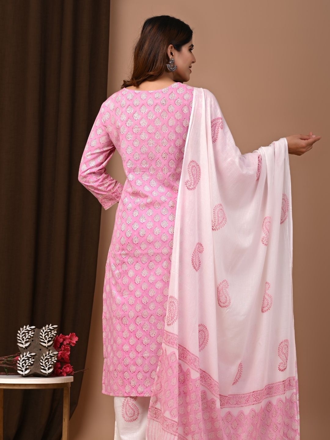 Pink Traditional Butti Hand Block Printed Cotton Suit