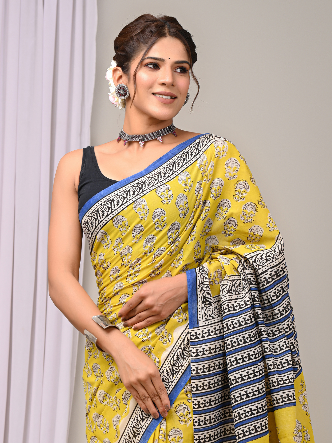 Yellow Bagru Handblock Printed Mulmul Cotton Saree