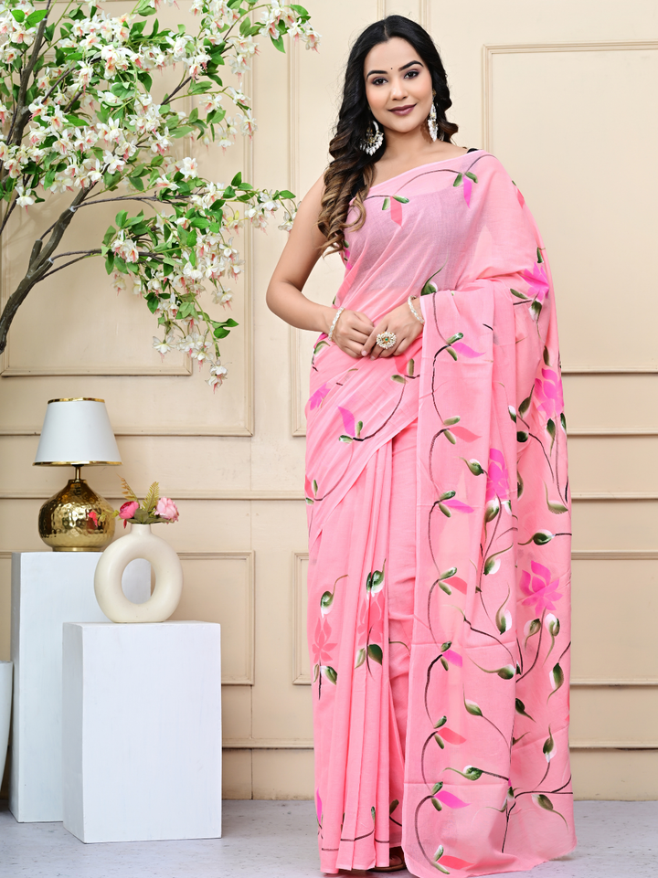 Pink Mulmul Cotton Saree
