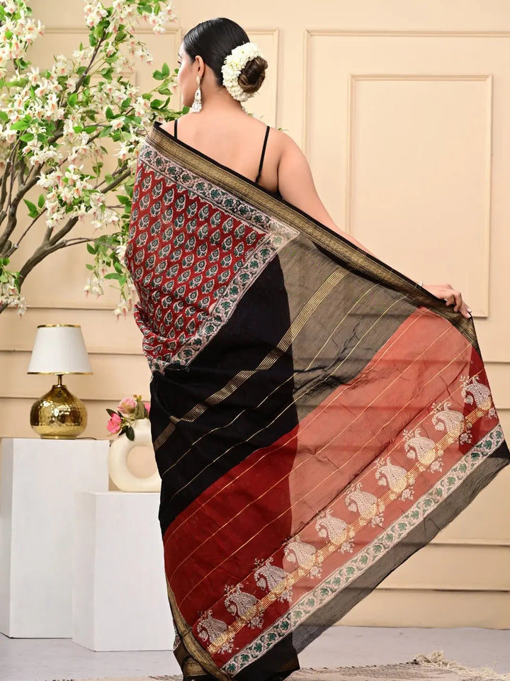 Bagru Handblock Printed Maheshwari Silk Sarees