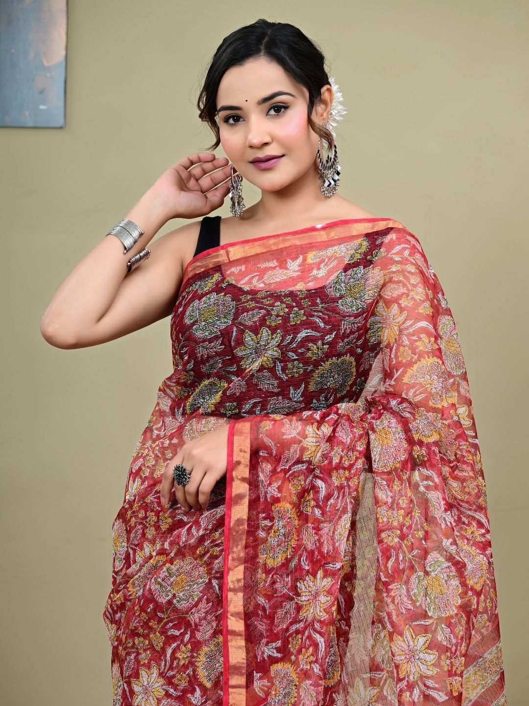 Red Jaal Design HandBlock Pure Kota Doriya Saree