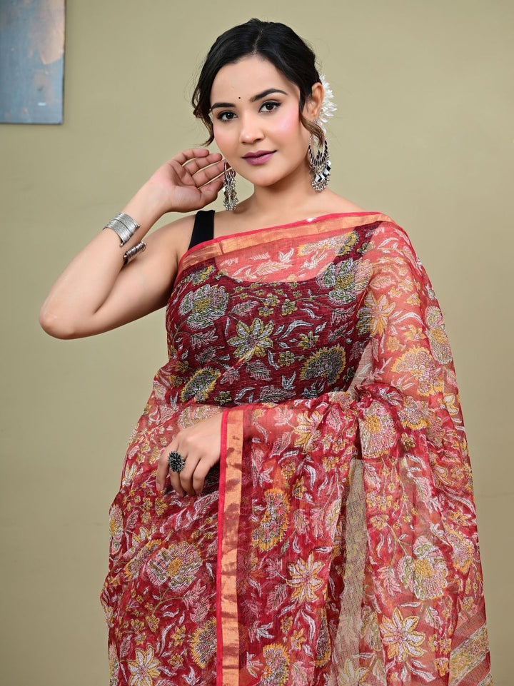 Red Jaal Design HandBlock Pure Kota Doriya Saree