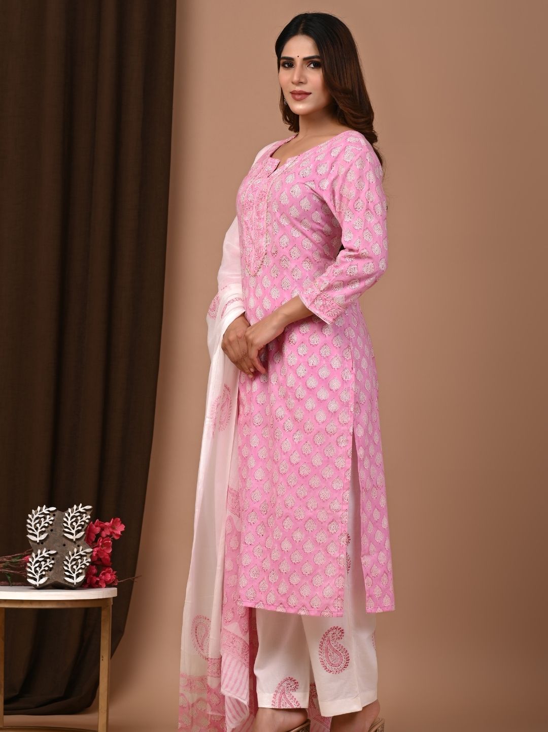 Pink Traditional Butti Hand Block Printed Cotton Suit