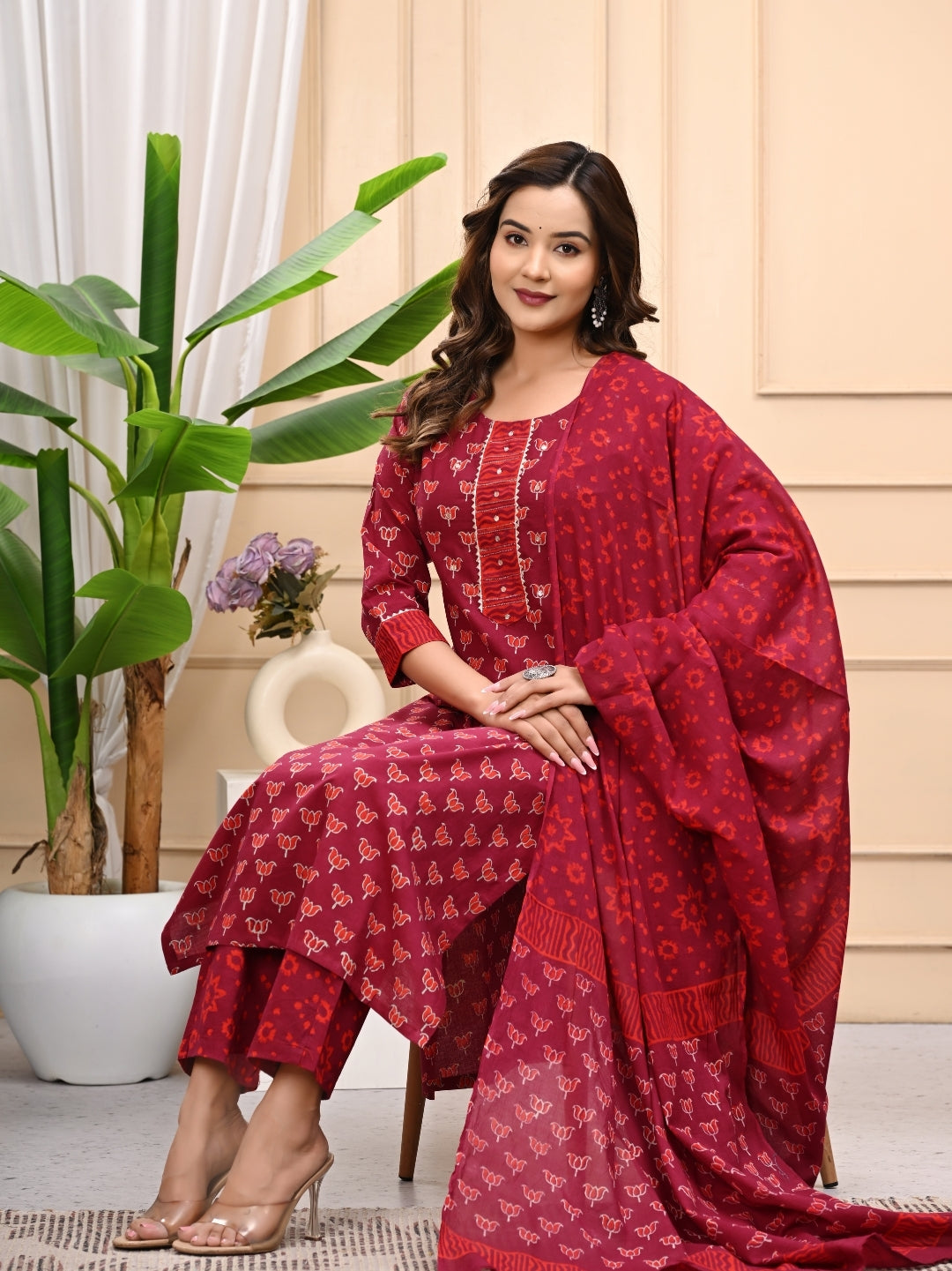 Maroon Bagru Handblock Printed Cotton Stitched Suit