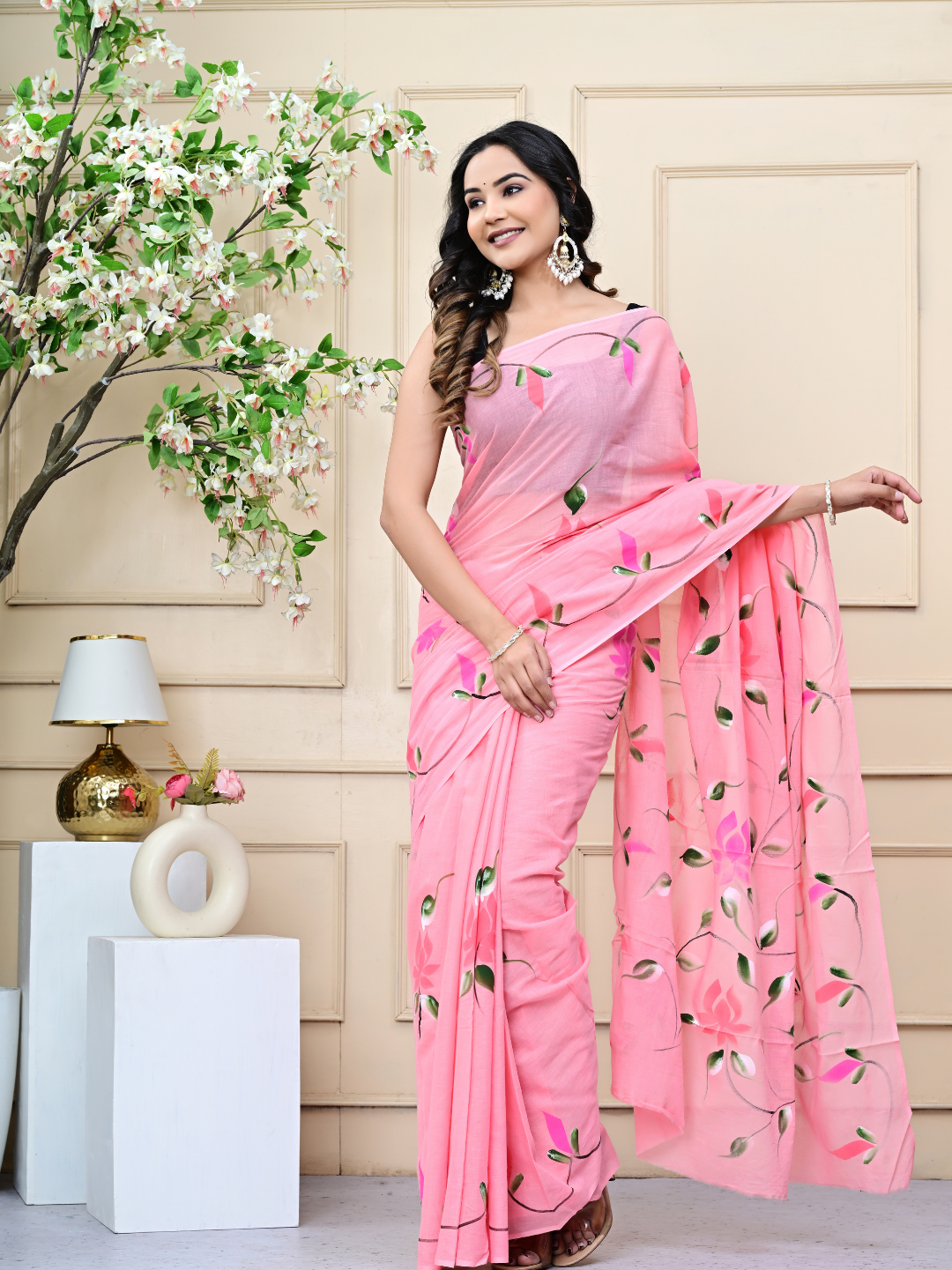 Pink Mulmul Cotton Saree