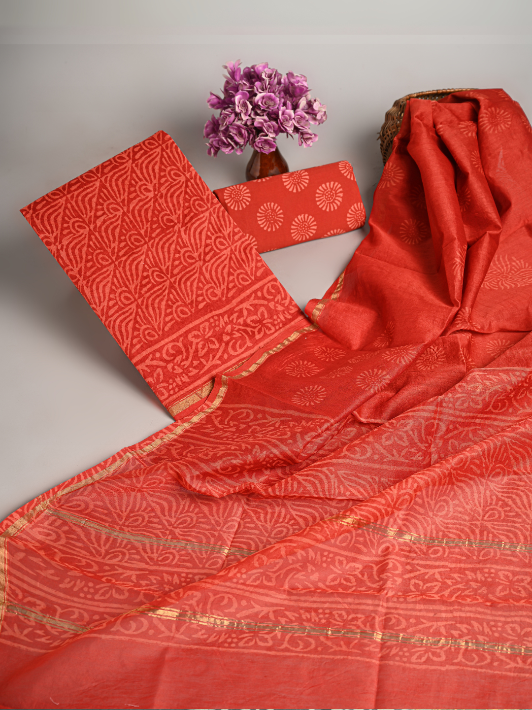 Red Hand-Block Printed Chanderi Silk Suits