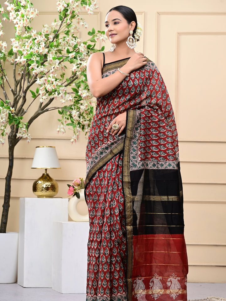 Bagru Handblock Printed Maheshwari Silk Sarees