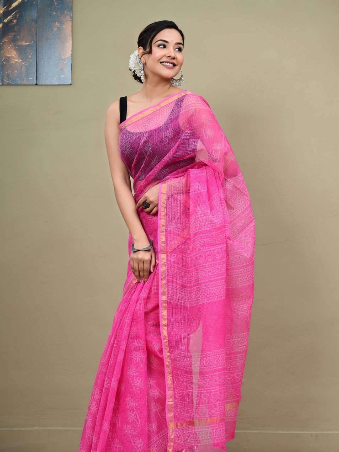 Premium Pink HandBlock Pure Kota Doriya Saree