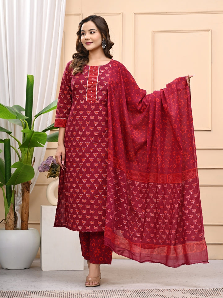 Maroon Bagru Handblock Printed Cotton Stitched Suit