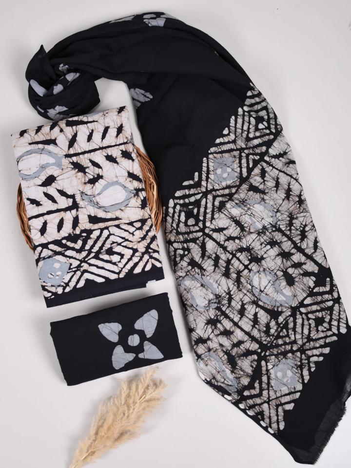 Black Mom Batik Cotton Suit with Soft Mulmul Dupatta
