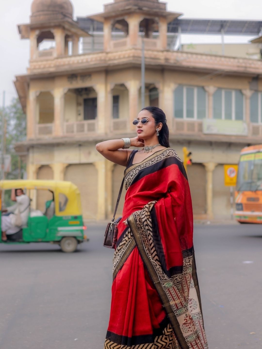Authentic Bagru HandBlock Red Putai Pure Maheshwari Silk Saree