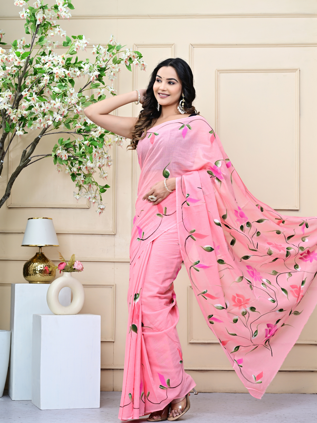 Pink Mulmul Cotton Saree