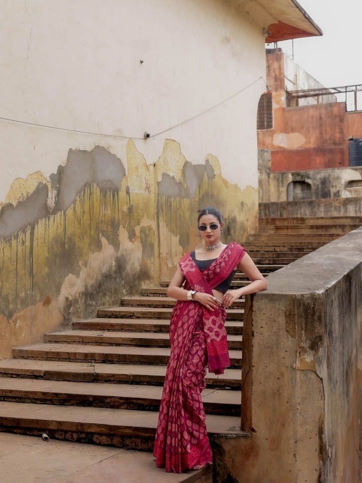 Artisanal Saree Neptol Ajrakh HandBlock Printed Pure Mul Cotton Saree