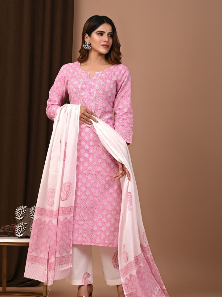 Pink Traditional Butti Hand Block Printed Cotton Suit