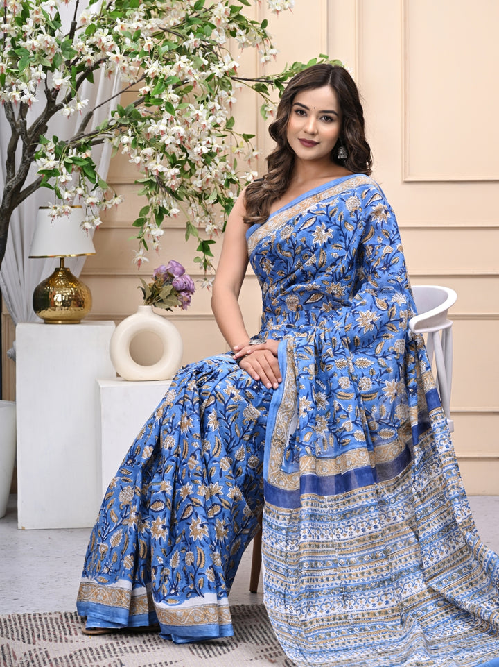 Blue Traditional Jaal Handblock Printed Mulmul Cotton Saree