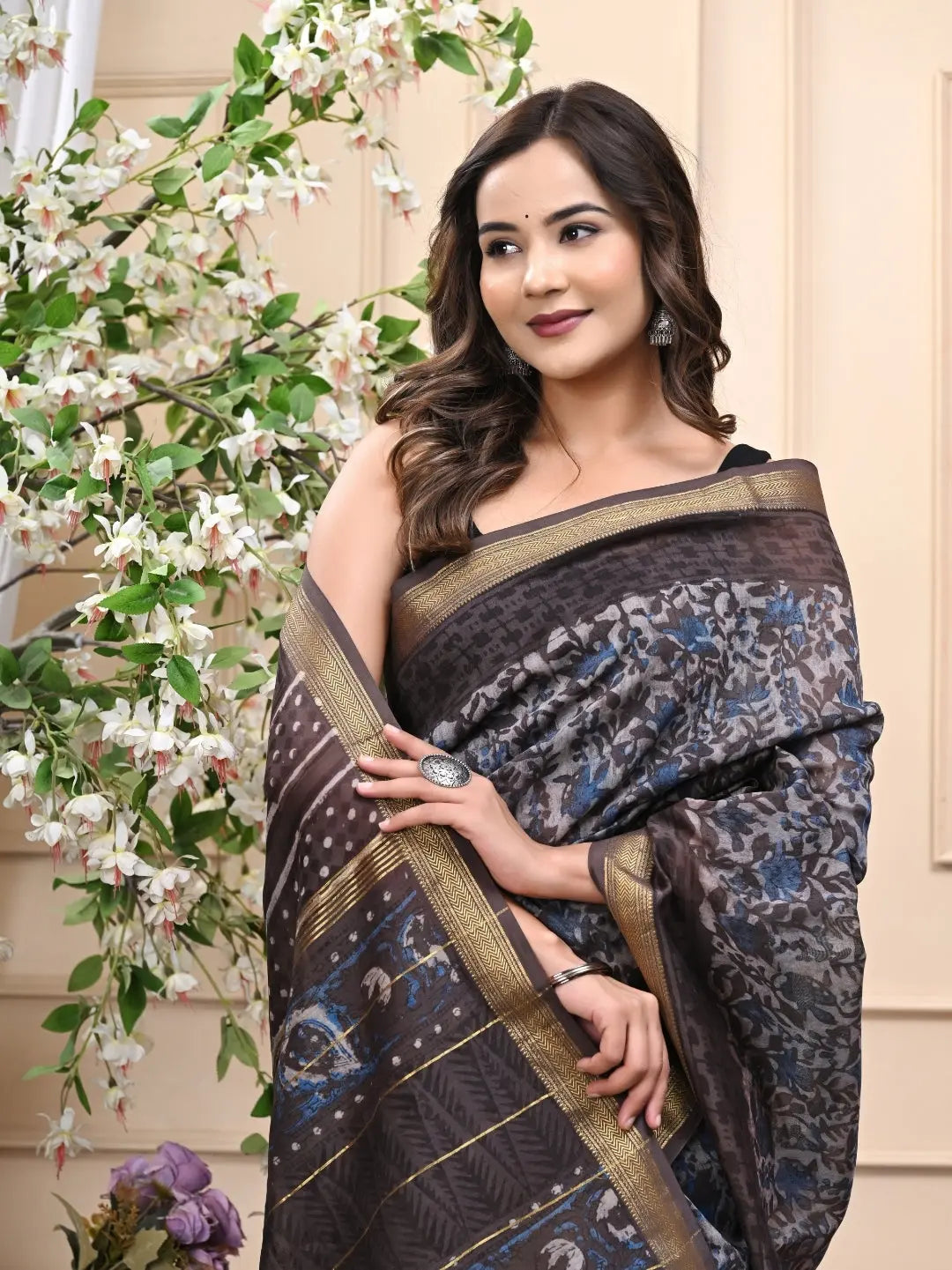 Elegant Vanaspati Ajrakh Maheshwari Silk Saree with Blouse