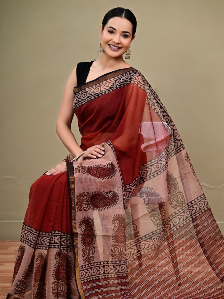 Red Putai Alluring Bagru HandBlock Pure Kota Doriya Saree