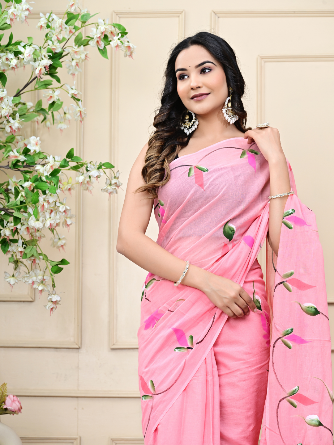 Pink Mulmul Cotton Saree
