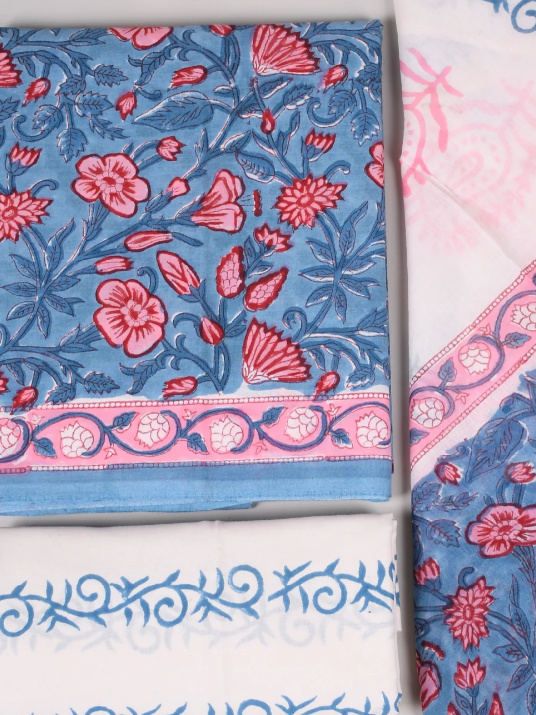 Blue Floral Printed Cotton Suit with Soft Mulmul Dupatta
