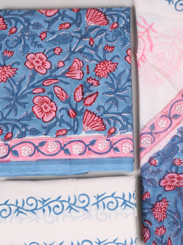 Blue Floral Printed Cotton Suit with Soft Mulmul Dupatta