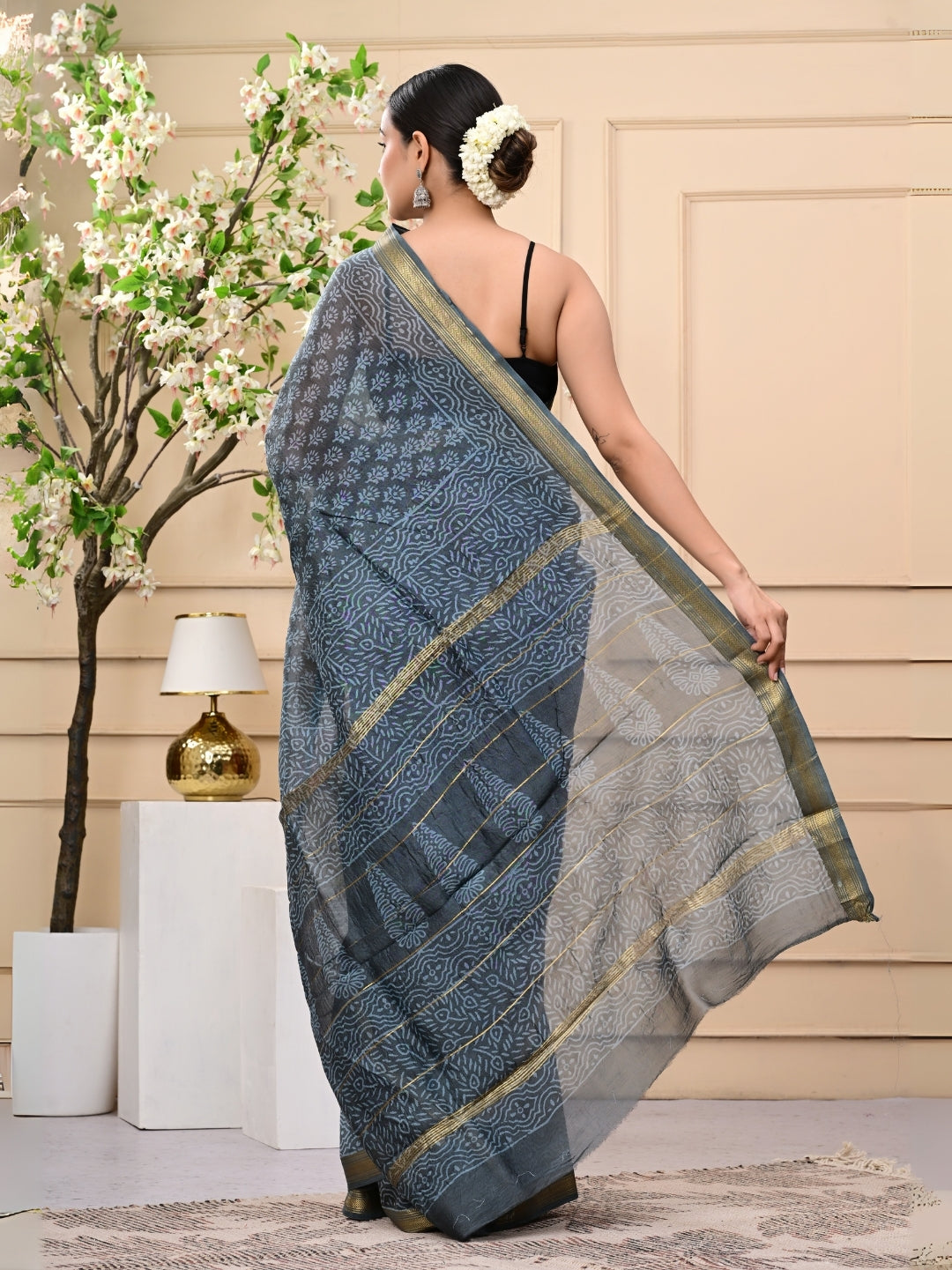 Traditional Wooden Block Printed Maheshwari Silk Sarees With Blouse