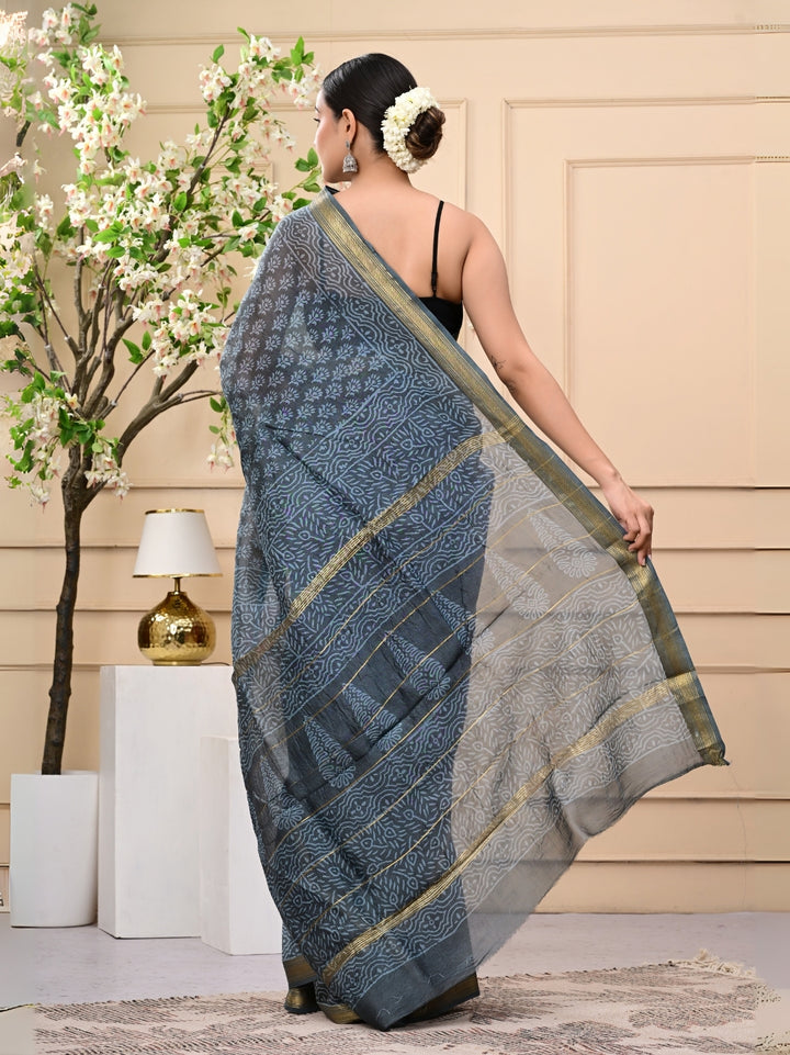 Traditional Wooden Block Printed Maheshwari Silk Sarees With Blouse