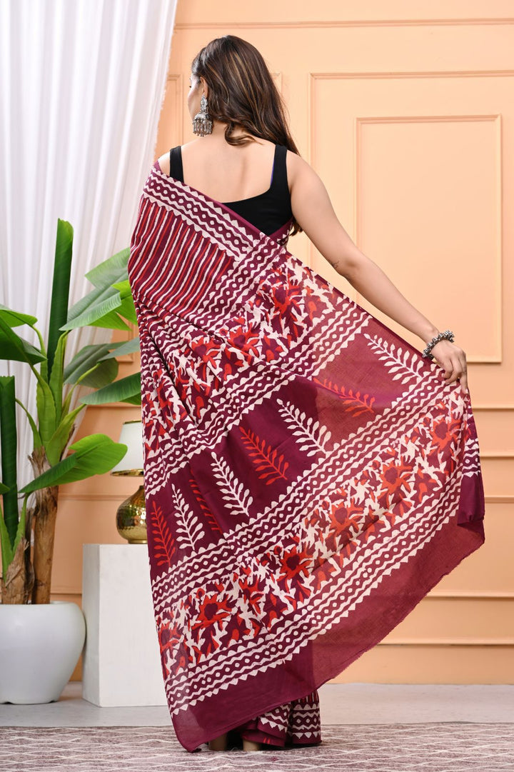 Lines Design Hand Block Printed Mulmul Cotton Saree