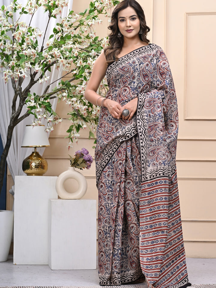 Bagru Kalamkari Handblock Printed Mulmul Cotton Saree