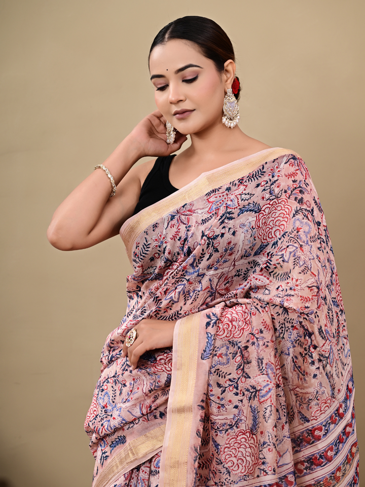 Bagru Block Printed Maheshwari Silk Saree